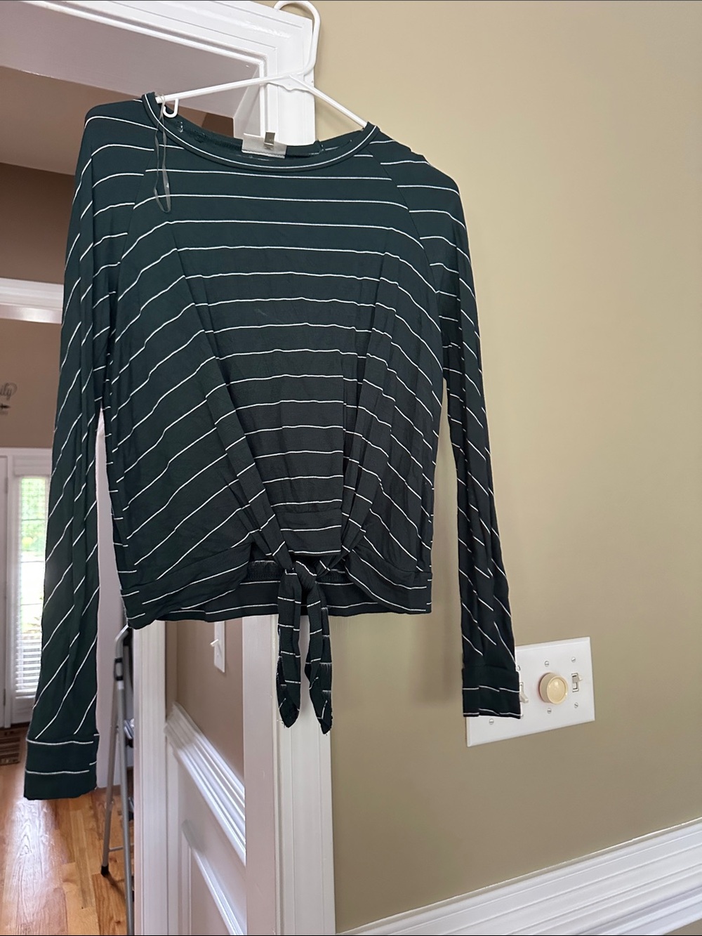 Striped Long-Sleeve Tie-Front Top - Black/White